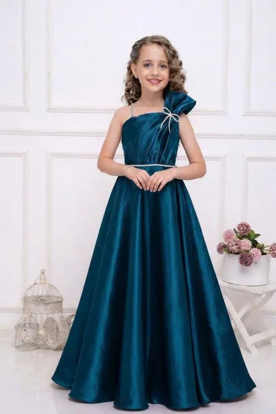 Teal Blue One-Shoulder Embellished Party Gown For Girls